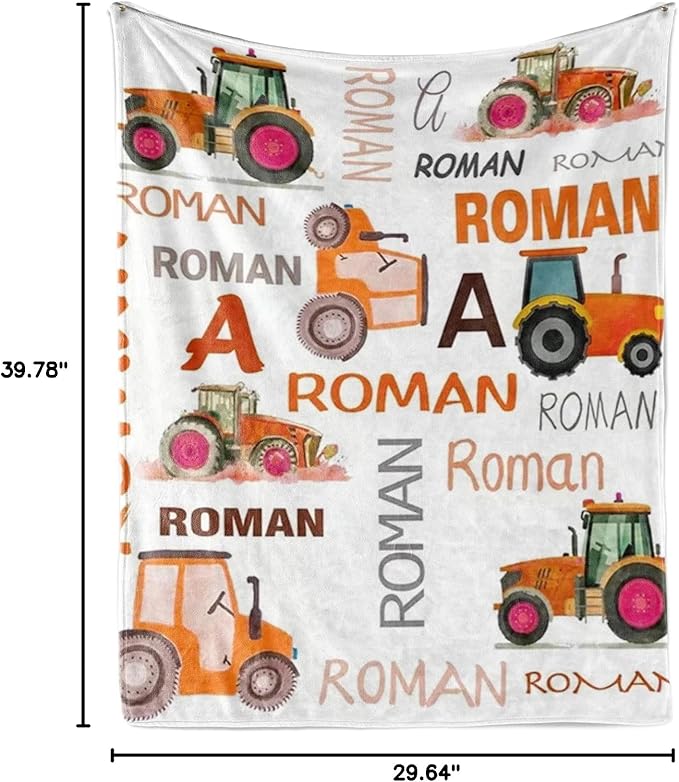Personalized Tractors Blanket - Custom Name with Farm Tractor Trucks Design - Soft Plush Flannel Bed Blanket for Baby Kid Teen Boys Girls Customized Gifts White & Orange
