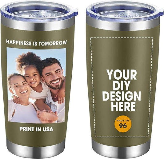 Personalized Custom Tumbler Print in USA 96 Pcs 20oz Stainless Steel Coffee Cup with Lid & Straw Double Wall Insulated Tumbler with Colorful Text Logo Photo