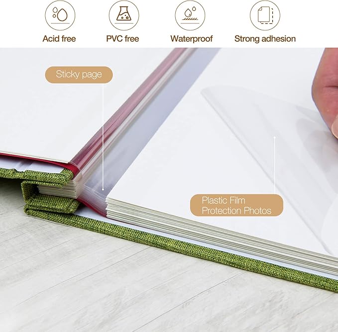 potricher 11x10.6 Inch Self Adhesive Photo Album Linen Cover 80 Pages Sticky 3x5 4x6 5x7 6x8 8x10 8.5x11 Magnetic DIY Scrapbook Photo Album with A Metallic Pen (Green)