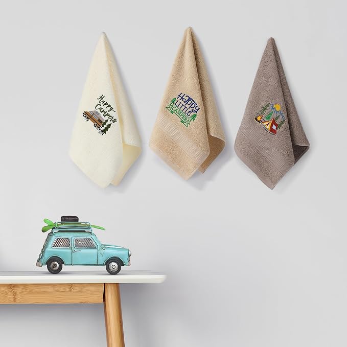 3 Pcs Camping Themed Hand Towels for Bathroom 14 x 29 Inch Embroidered Decorative RV Hand Towels 100% Cotton Farmhouse Campers Bathroom Decor
