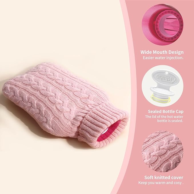 samply Hot Water Bottle with Knitted Cover, 2L Hot Water Bag for Hot and Cold Compress, Hand Feet Warmer, Ideal for Menstrual Cramps, Neck and Shoulder Pain Relief, Pink