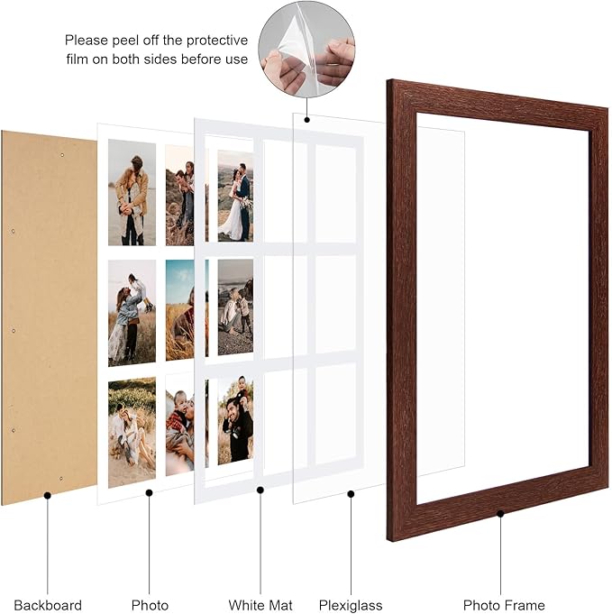 13.5x19.5 Picture Frame Display 9 opening 4X6 Picture Frame Collage,Multi Photo Frame with Mat,Plexiglass,Wall or Tabletop Decor,Walnut Wood Grain