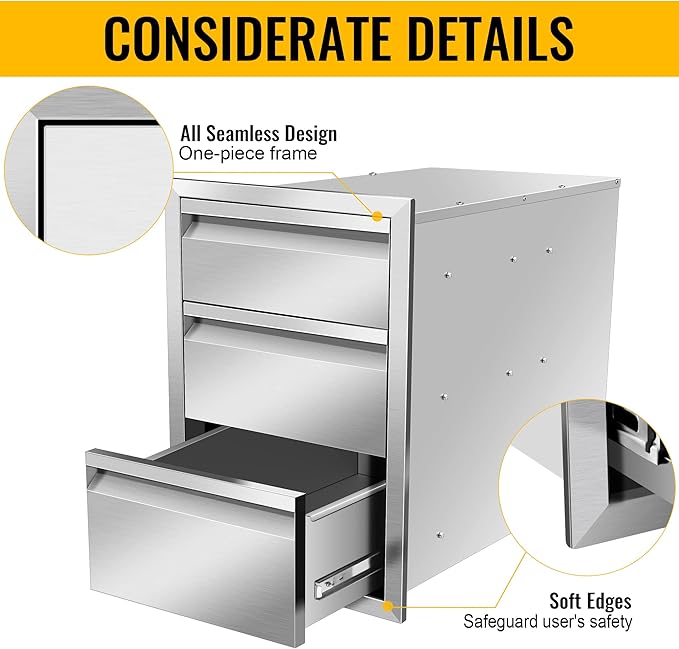 Outdoor Kitchen Drawers Stainless Steel 18W X 24H X 23D Inch, Flush Mount Triple BBQ Island Drawers with Hidden Handle for Outdoor Kitchens, Patio or Grill Station