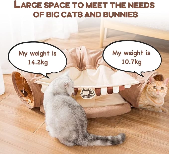 EAEDMY Cat Rabbit Tunnel Bed Nest for Cats Indoor, with Collapsible Washable Soft Cushion, Plush Ball and Exercise Wheel Tube, Fit for Puppy Bunny Kitty Kitten Ferret(2.Coffee)