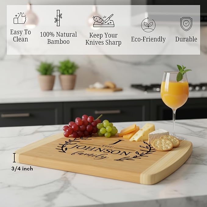 Personalized 2-Tone Cutting Board, Reversible Charcuterie Board, Double-Sided Bamboo Serving Board with Custom Engraving – 12 Design Options – Gift Wrap, Card & Mineral Oil Finish Add-Ons