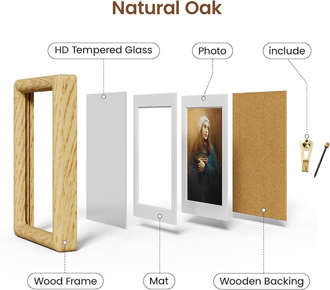 4x6 Picture Frame Natural Oak Wood From California-USA with Real Tempered Glass, Handcrafted 4 x 6 Photo Frame Matted to 3.5 x 5 Wedding Photo,Family Picture,Graduation Picture Display on Table & Wall
