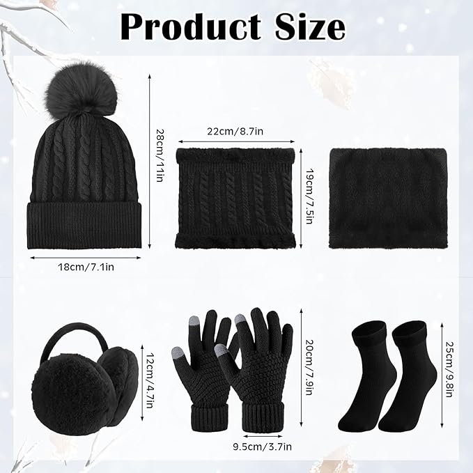 SATINIOR 5 Pcs Winter Hat Scarf Gloves Set Fleece Lined Knit Beanie Hat Warm Touch Screen Gloves Earmuff Warmer for Women(Black,Beauty Style)