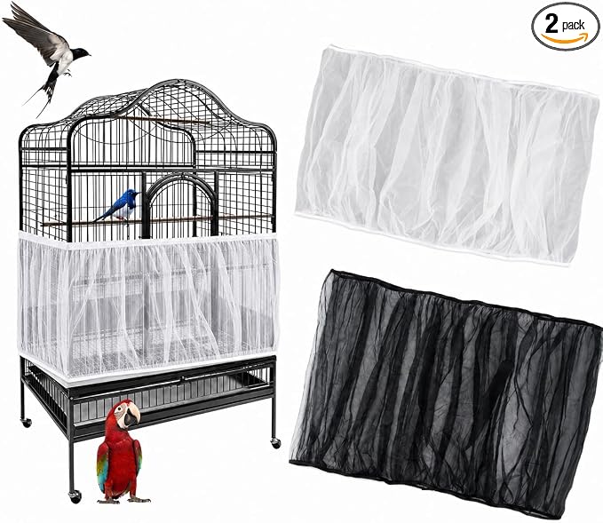 RAINFLOW 2 Pack Bird Cage Seed Catcher - Adjustable Bird Cage Skirt | Black & White, Fits 55-100 in Circumference, 16 in High, Breathable Seed Guard for Parrot, Parakeet and Cockatiel Cages