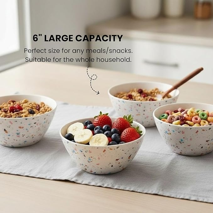 Bamboo Bowl Set of 4 – 6 Inch 20 oz Durable Deep Cereal and Snack Dishware for Kids and Toddlers – BPA Free, Dishwasher Safe, Lightweight Alternative to Plastic or Ceramic (Confetti Design)