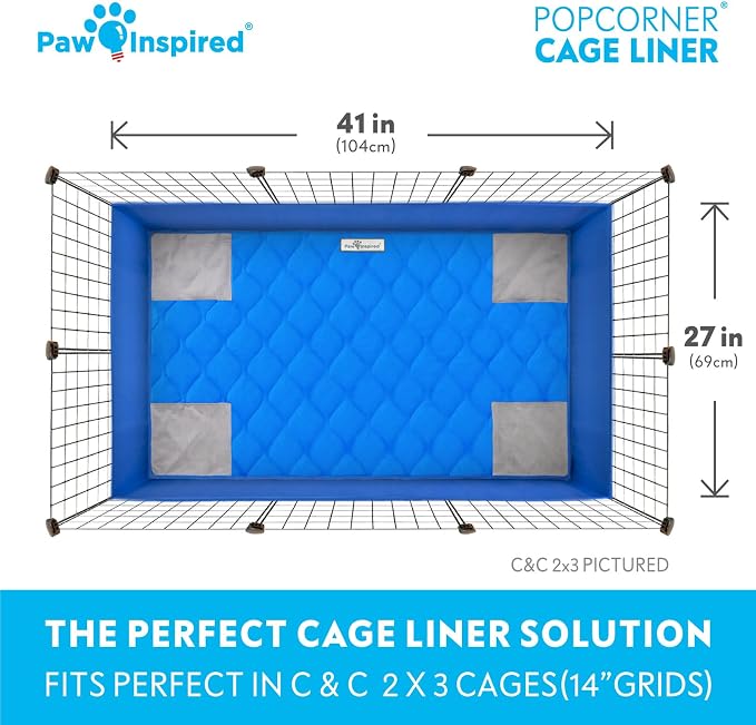 Paw Inspired PopCorner Washable Fleece Cage Liners, C&C 2x3, Blue | Reinforced Corners, Super Absorbent Mat, Bedding, Waterproof Bottom, Guinea Pigs, Ferrets, Rabbits, Hamsters, Small Animals