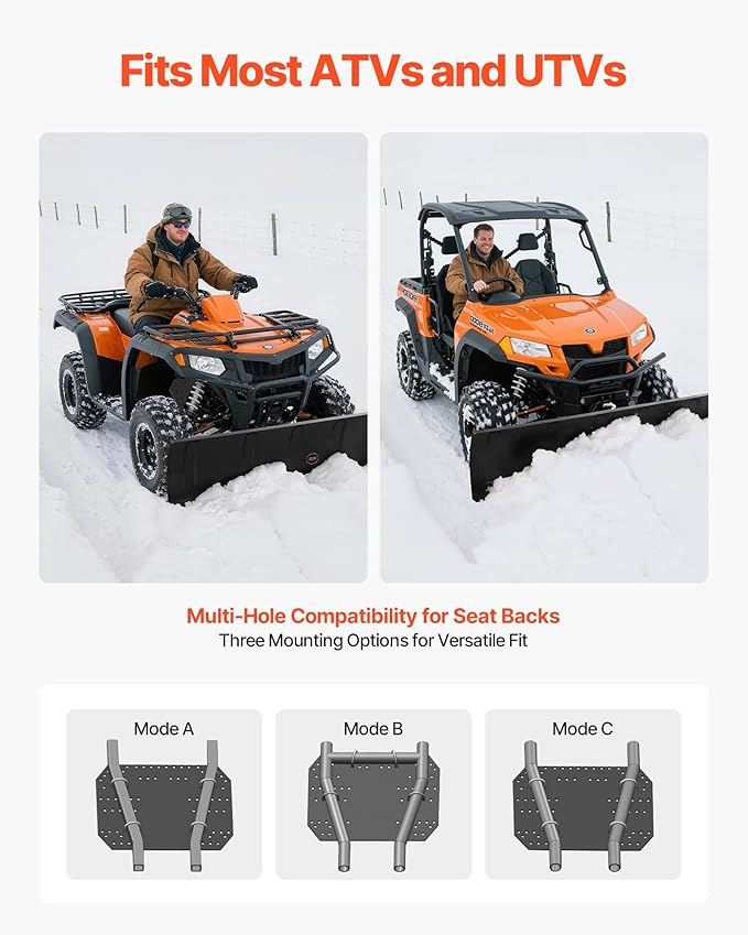 VEVOR Snow Plow Kit, 48in Universal Snow Plow Attachment, Height & Left-Right Adjustable, Quick to Detach, Steel ATV Scrape Blade, 3 Mount Options, Efficient Snows Clearing, for Most ATVs & UTVs