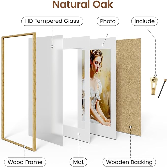 24x36 Picture Frame Natural Oak Wood From California-USA with Real Tempered Glass, Handcrafted 24x36 Photo Frame Matted to 20x30 Wedding Photo,Family Picture,Graduation Picture Display on Table & Wall