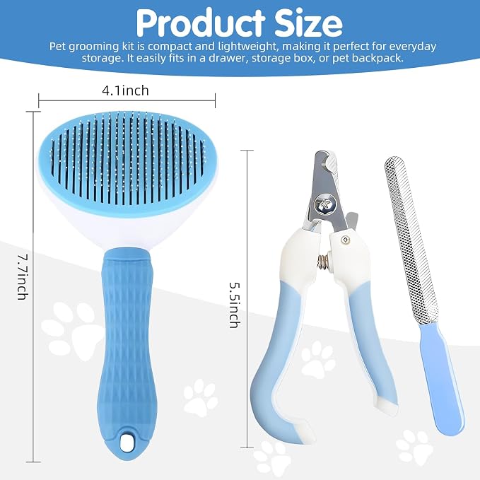 Aglads 3PCS Cat Rabbit Bunny Dog Grooming Kit, Self-Cleaning Slicker Cat & Dog Brush for Shedding, Fine-Needle Comb, Pet Nail Clipper & File for Long/Short-Haired Pets, Easy to Remove Loose (3, blue)