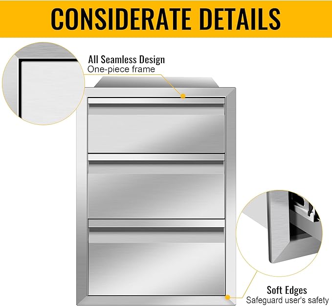 Outdoor Kitchen Drawers Stainless Steel 16W X 21H X 23D Inch, Flush Mount Triple BBQ Island Drawers with Hidden Handle for Outdoor Kitchens, Patio or Grill Station
