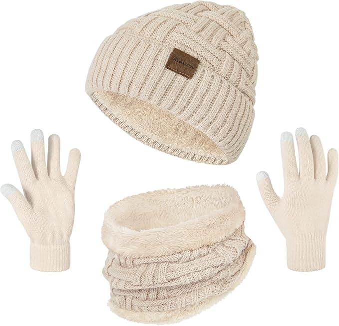 Loritta 3-Pieces Winter Hat Neck Warmer Touchscreen Gloves Set Knit Thick Scarf Beanie Hats Scarves Set Gifts for Women
