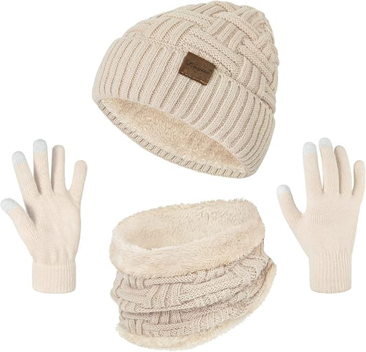 Loritta 3-Pieces Winter Hat Neck Warmer Touchscreen Gloves Set Knit Thick Scarf Beanie Hats Scarves Set Gifts for Women
