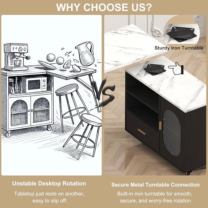 HSH Kitchen Island with Storage, Mobile Kitchen Island Cart with Cabinet, Drawer & Shelves, Farmhouse Island Table on Wheels with White Faux Marble Top and Black Oak Base for Dining Room & Home Bar