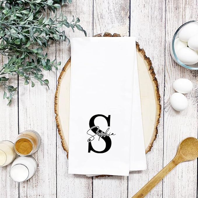 Andaz Press Personalized Kitchen Towel, Flour Sack Tea Towel, Monogram Initial Name Custom Kitchen Gifts Birthday for Mom Daughter, Grandma Wedding Housewarming Gift for Couples
