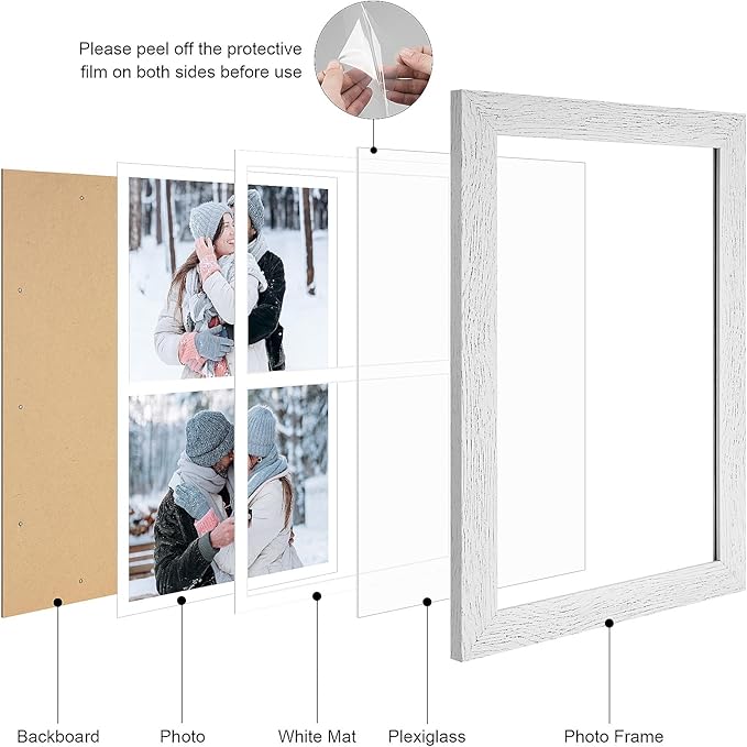 11x17 Picture Frame Display 2 opening 8X10 Double Picture Frame Collage,Multi Photo Frame with Mat,Plexiglass,Wall Mount Decor,Distressed White Wood Grain