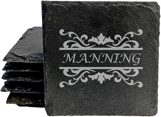 Personalized Monogram Family Coasters, Natural Stone Set, Birthday, Wedding, Customized, Rustic - Square Slate - Set of 6