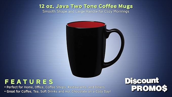 DISCOUNT PROMOS 10 Java Two Tone Coffee Mugs Set, 12 oz. - Stoneware, Durable, Easy Grip - BLACKRED
