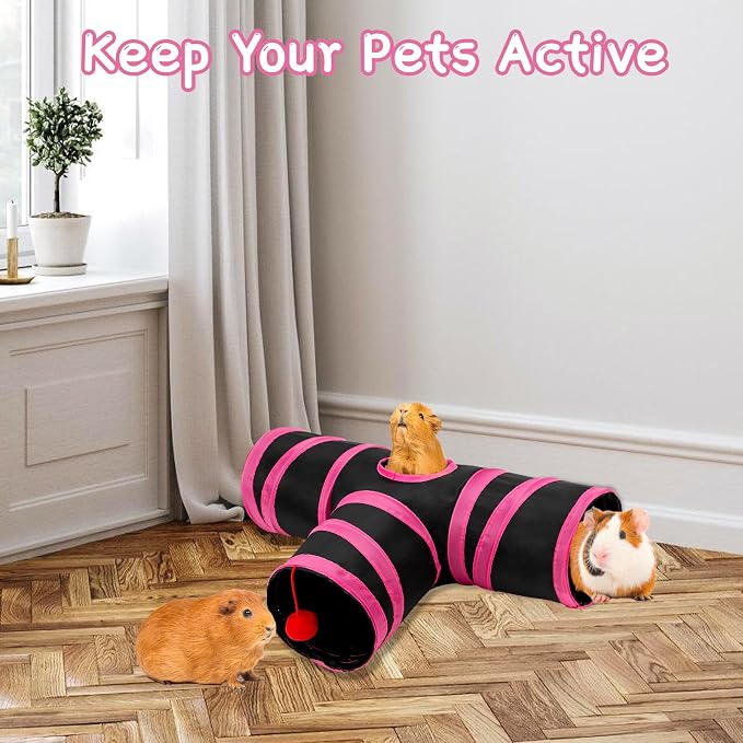 Rypet Guinea Pig Tunnel Hideout 3-Way Collapsible Pet Tubes, Red Black | 3 Way Design for Exploration, Collapsible for Easy Storage, Built-in Play Ball, Hiding & Resting for Hamsters Ferrets