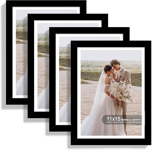 11x15 Picture Frame Set of 4, Made of Real Glass and Black Frame - Display Picture 10x14 with Mat or 11x15 Without Mat, 11 by 15 Photo for Wall Mounting