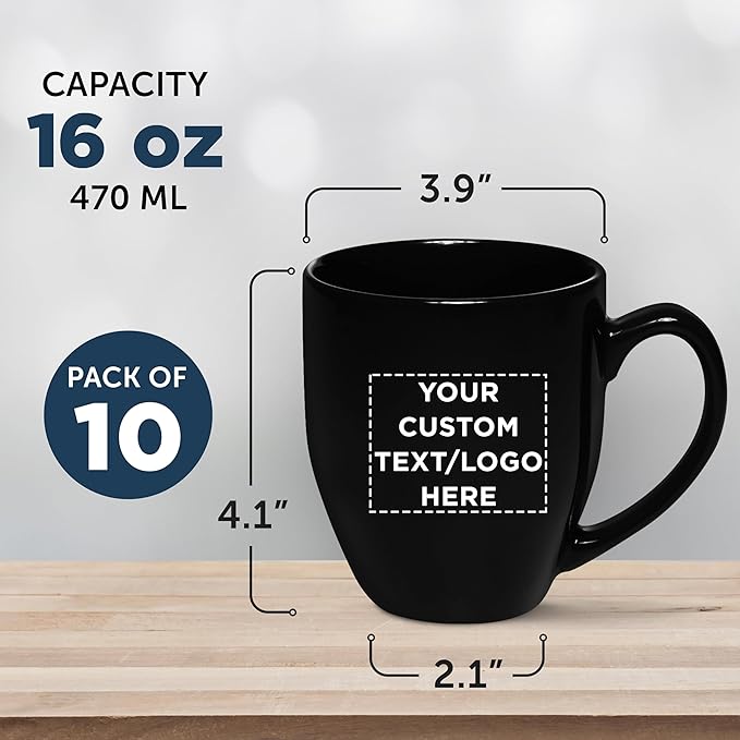Custom Large Coffee Cups 16 oz. Set of 10, Personalized Bulk Pack - Perfect for Tea, Espresso, Cappuccino, Hot Cocoa - Black