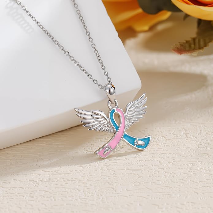 AOBOCO Miscarriage Gifts for Mothers 925 Sterling Silver Blue and Pink Ribbon Angel Wing Pendant Pregnancy Loss Awareness Sympathy Necklace Memorial Gift for Mom
