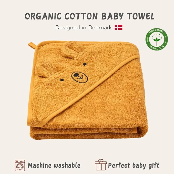 Organic Cotton Baby Hooded Towel 32' x 32' Super-Soft & Absorbent Baby Towel for Newborn (Bear - Autumn Yellow)