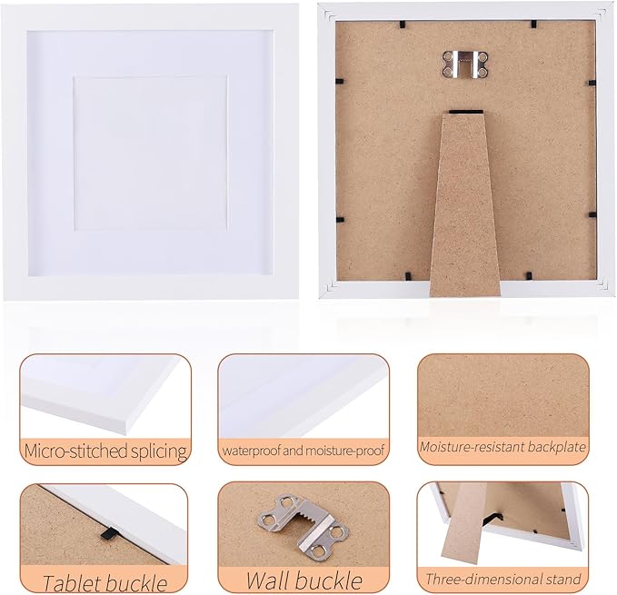 3 Pcs 12x12 White Picture Frame - Display Pictures 8x8 with Mat or 12 x 12 without Mat - White Wood Picture Frames for Wall Mounting - Wooden Photo Frame for 12 12 Matted to 8x8 Print Set of 3