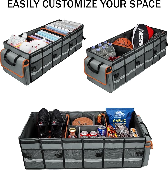 Car Trunk Organizer and Storage with Removable Leakproof Cooler Bag, 6 Removable Dividers for Custom Space, Collapsible Trunk Storage with Non Slip Bottom, Foldable Cover for SUV, Jeep, MPVs