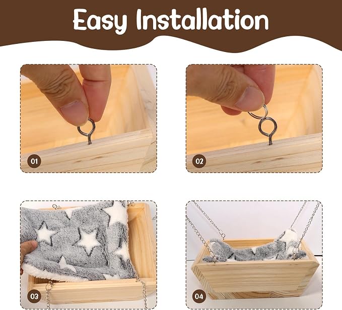 Large Wooden Hanging Bed with Plush Mat, Hammock for Chinchilla Rat Guinea | Large hanging wooden bed, Soft plush mat included, Hammock-style design, Small animal cage accessories resting nest