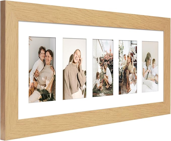 8x24 Picture Frame Display 5 opening 4X6 Picture Frame Collage,Multi Photo Frame with Mat,Plexiglass,Wall Decor,Natural Wood Grain