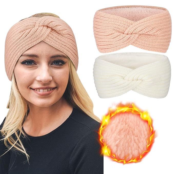 AQOKKA Knit Winter Headbands for Women Fuzzy Wool Fleece Lined Ear Warmers Elastic Turban Crocheted Head Wrap Winter Accessories for Women Cold Weather