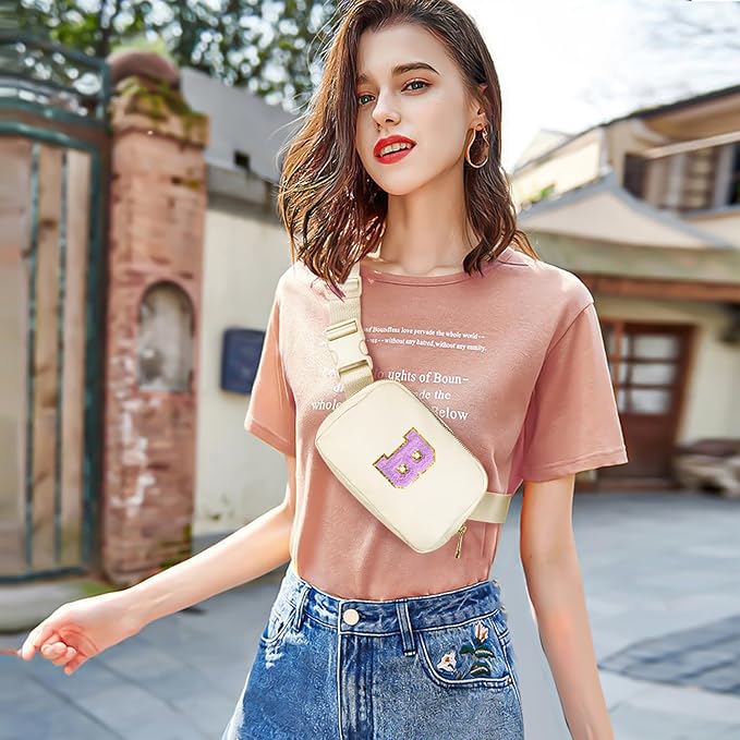 Gitus Gifts for 8 9 10 11 12 Year Old Girls Belt Bag Fanny Pack Crossbody Bags with Initial Letter Patch Cute Stuff Birthday Gifts for Teen Girls Women Personalized Trend Stuff (Ivory-B)