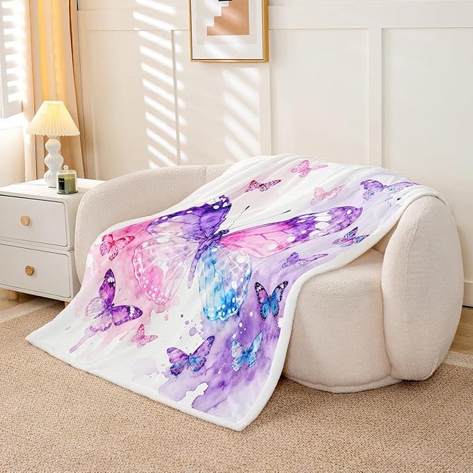 Feelyou Girls Watercolor Butterfly Fleece Throw Blanket 40"x50" Kids Pink Purple Sherpa Blanket Plush Fuzzy for Bed Couch Chair Living Room, Girly Bed Blanket Room Decor