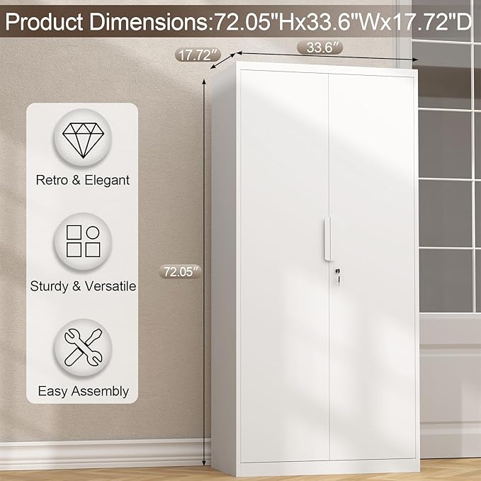 GREATMEET Metal Garage Storage Cabinets, 72" Tall Locking Cabinets with Doors and Shelves, Utility Cabinet with Lock for Garage, Home, White