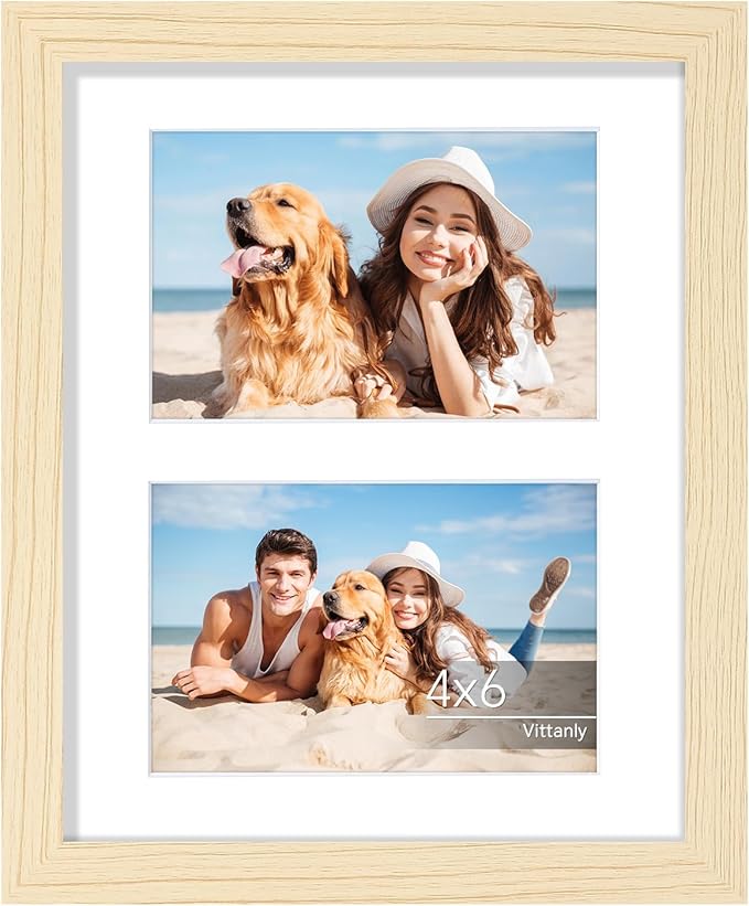Vittanly 8x10 Collage Picture Frame, Displays 2Pcs 4x6 Pictures with Mat or 1Pcs 8x10 without Mat, Photo Frame for Wall Mounting or Table Top with Stand, Nature Wood, 1 Pack