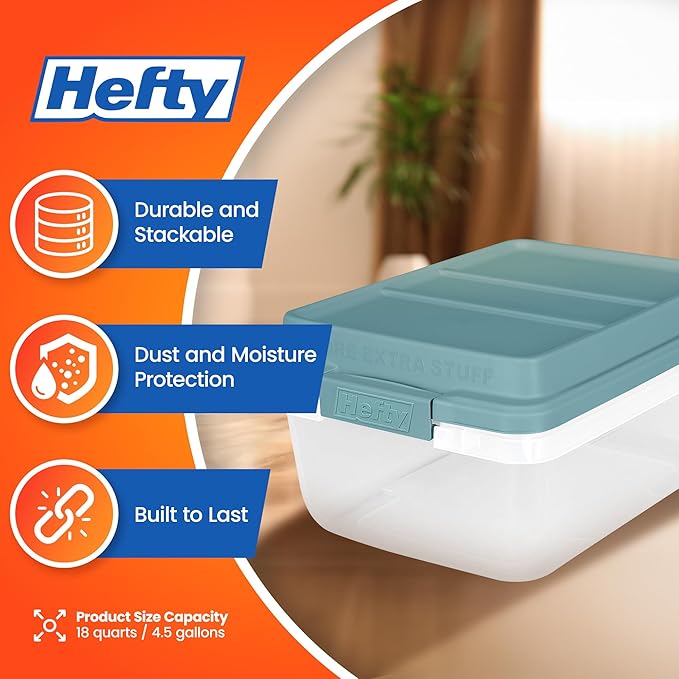 Hefty 18 Quart Hi-Rise Storage Bin with Lid, Stackable Plastic Container for Home, Office, and Classroom Organization, 8 Pack, Smoke Blue