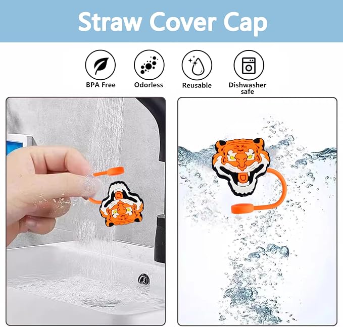 Animal Straw Toppers For Stanley Cups;Straw Covers Cap Toppers Compatible With Stanley 30&40 Oz Tumbler, Reusable & Silicone Tumbler Straws Topper For 0.4 Inch Tips Animal Lover Gifts (Tiger)