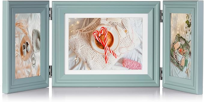 3 Vertical Horizontal Hinged Wood Picture Frame 4x6 and 5x7 Triple Folding Photo Frame Home Decor with Real Glass Front in Teal Blue for Tabletop, Display 4x6 with Mat or 5x7 without Mat
