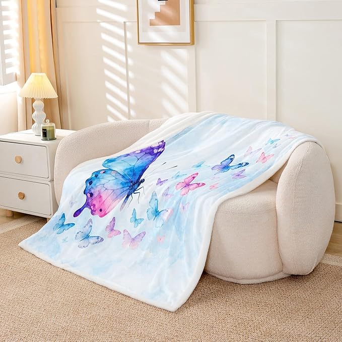 Feelyou Butterfly Fleece Throw Blanket Queen 90"x90" Kids Butterflies Lover Sherpa Blanket Plush Fuzzy for Bed Couch Chair Living Room, Purple Blue Watercolor Bed Blanket Gorgeous Room Decor