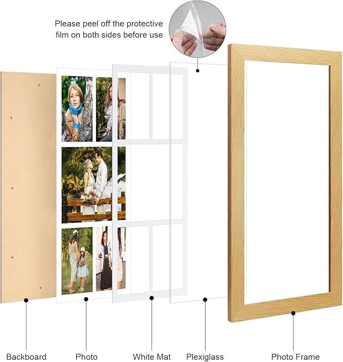 11x23 Picture Frame Display 5 opening 5x7 and 8x10 Picture Frame Collage,Multi Photo Frame with Mat,Plexiglass,Horizontal and Vertical Formats for Wall Decor,Natural Wood Grain