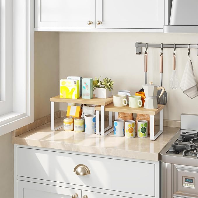 HOOBRO Spice Rack Set of 2, Kitchen Counter Organizer, Kitchen Storage, Cabinet Organizer Shelf, Nest, Stackable, Side-by-Side & L-Shape for Cabinet, Kitchen, Natural and White WN33TL01