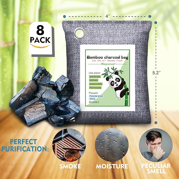 Activated Charcoal Odor Absorber for Strong Odor in Basement, Cars, Closets, Shoes. 8 Pack Bamboo Charcoal Air Purifying Bags Deodorizer Odor Eliminator for Home