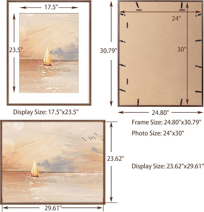 Oak Wood Picture Frame - 24"x30" Poster Frame with Tempered Real Glass, Matted for 18x24 Picture, Walnut Color, 1 Pack