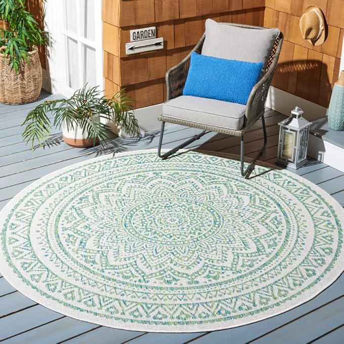 SAFAVIEH Washable Rug Outdoor Courtyard Collection - 7'10" Round, Ivory & Green, Non-Shedding & Easy Cleaning, Ideal for Patio, Backyard, Mudroom (CY8734-55712)