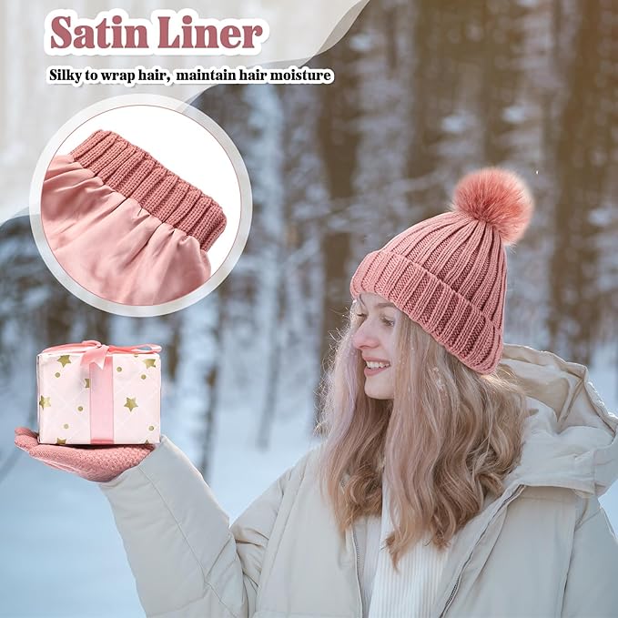 SATINIOR 5 Pcs Winter Satin Lined Hat Scarf Gloves Set Knit Pompom Beanie Warm Touchscreen Glove Earmuff Ear Warmer for Women