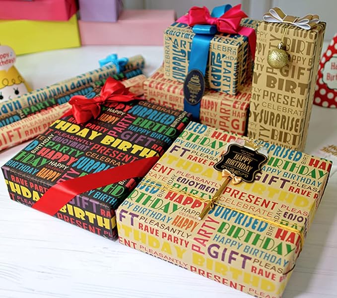 MAMUNU 10 Sheets Birthday Wrapping Paper, Colorful Happy Birthday Kraft Gift Wrapping Paper for Men Women Girls Boys, Recycled Brown Gift Wrap Paper Set with Tags Stickers, 20 x 28Inch